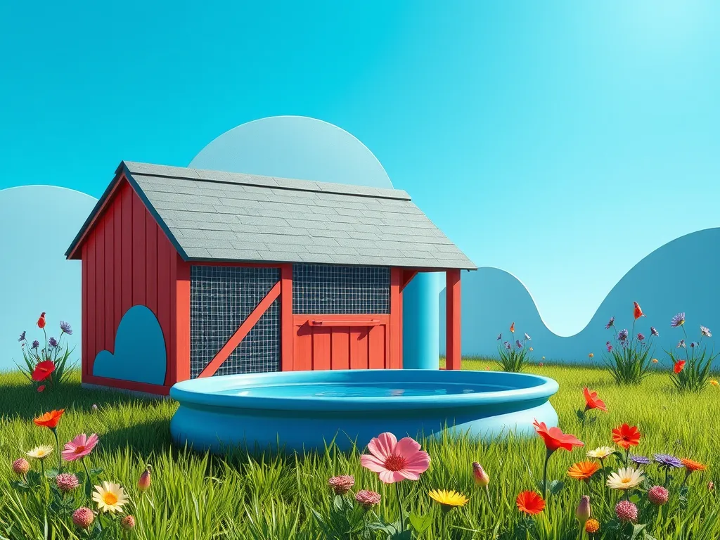 A colorful doghouse and a round pool, illustrating the question Can My Dog Swim in My Pool?