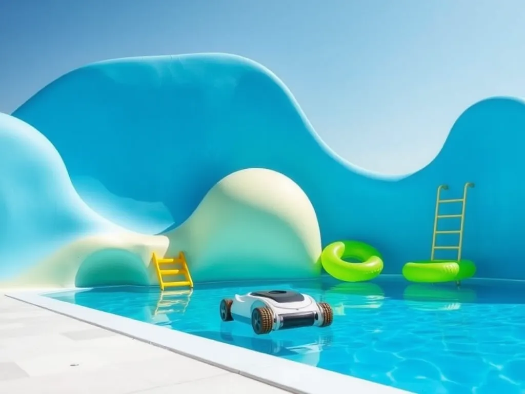 Dolphin robot cleaning the pool with colorful floaties, highlighting its functionality for pool maintenance