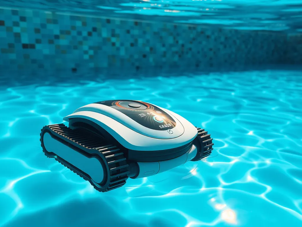 Dolphin pool cleaning robot swimming in a clear blue swimming pool