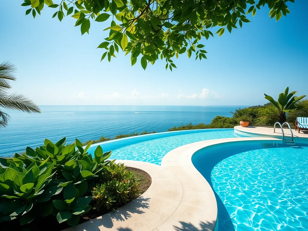 A serene swimming pool overlooking the ocean, perfect for leaving a dolphin robot.