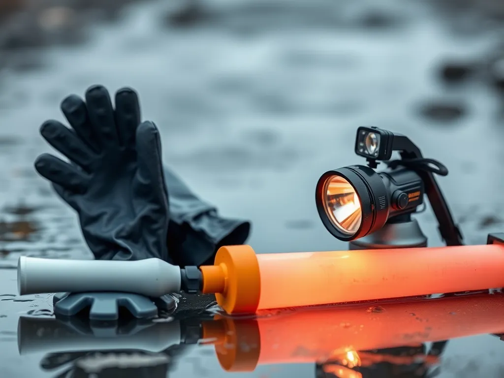 Equipment for draining water from a pool after rain including a flashlight, gloves, and drainage tool.