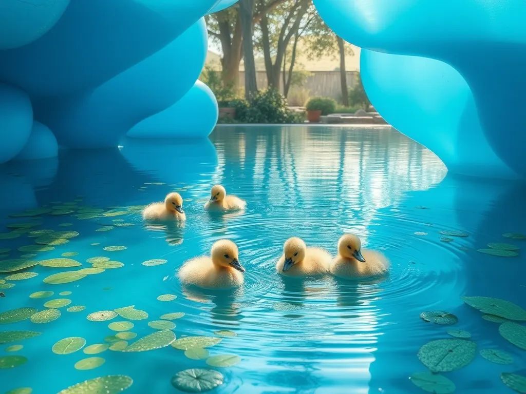 Five cute ducklings swimming in a clear pool surrounded by blue decor and lily pads.