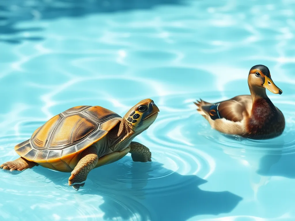 A turtle and a duck swimming in a chlorinated pool, discussing if ducks can swim in chlorine pools and if turtles can.