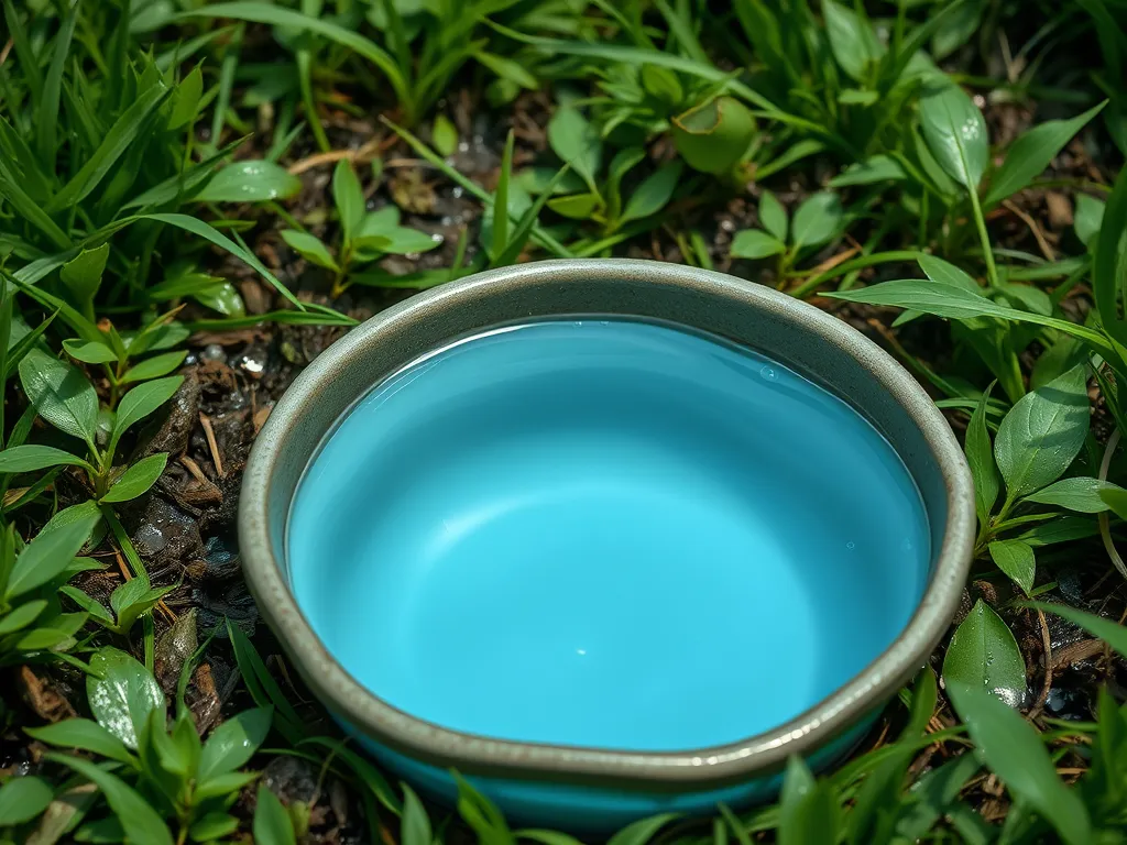 A vibrant blue bowl filled with water, representing the swimming conditions for ducks and turtles in chlorinated pools.