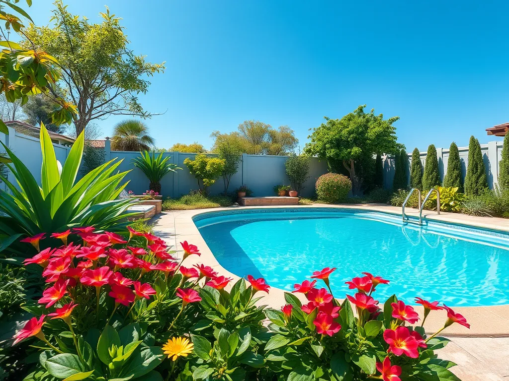 A beautiful eco-friendly pool surrounded by colorful flowers and lush greenery.
