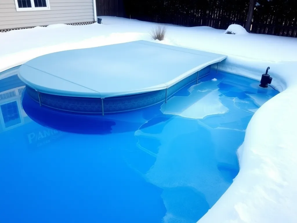 Winterized Intex pool covered with snow showing frozen water surface.