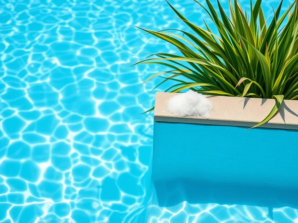 Epsom salt sitting on the edge of a swimming pool, with clear blue water and green plants.