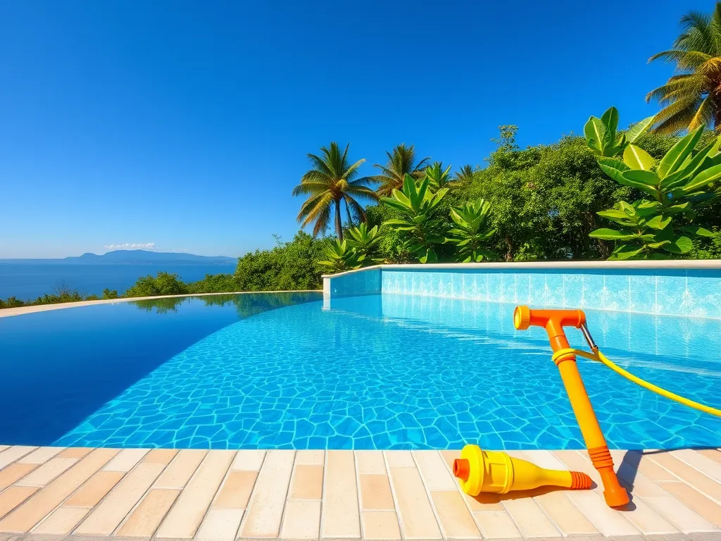 Bright blue swimming pool surrounded by greenery, illustrating the topic of Epsom salt in pools