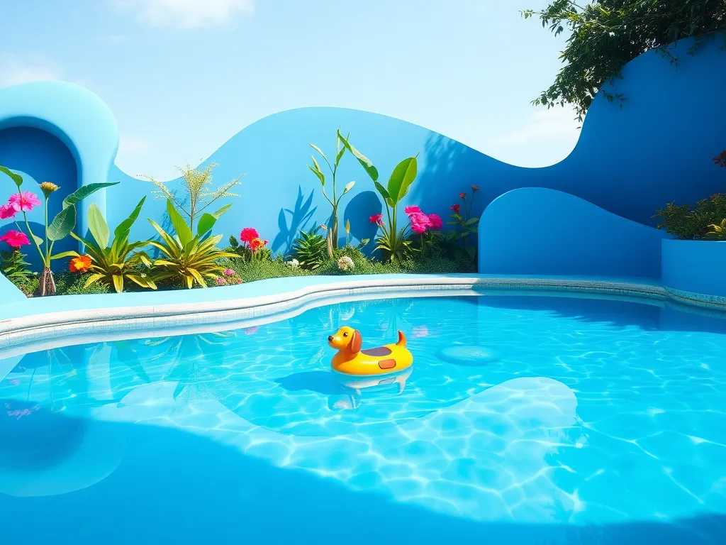 A vibrant swimming pool with a floating rubber duck, illustrating the concept of adding Epsom salt to a pool.
