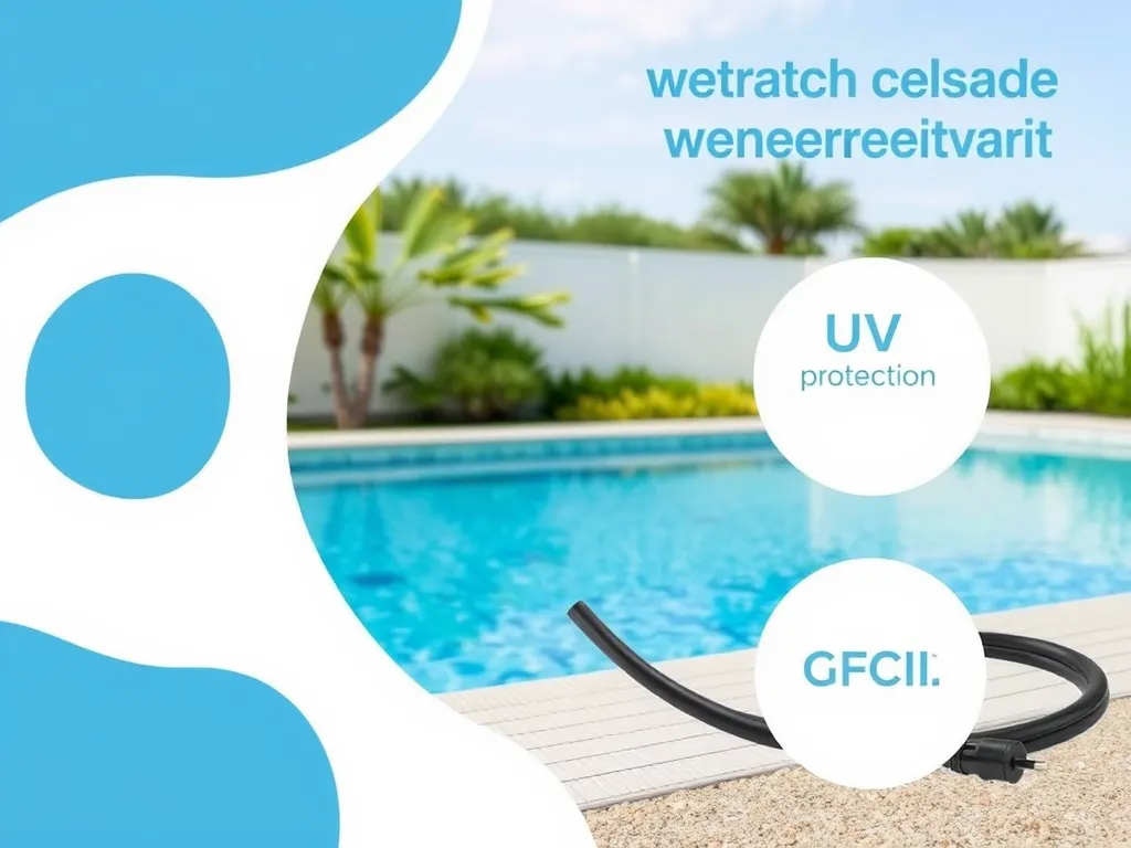 Image showing a pool with a hose, focusing on the importance of using an extension cord for a pool pump safely.