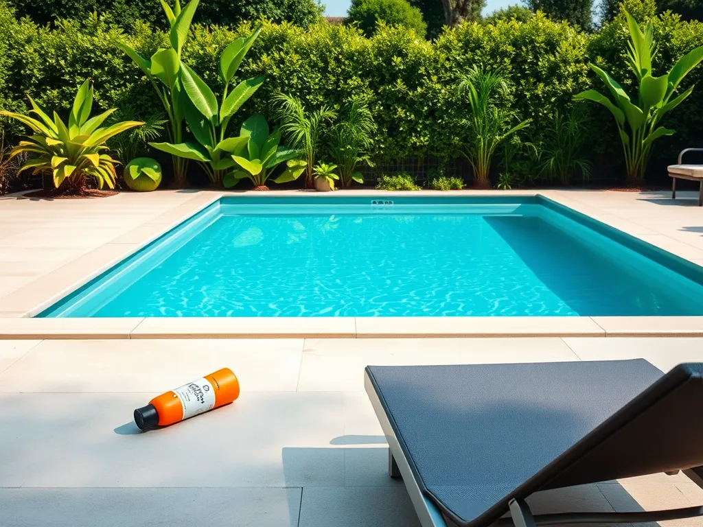 A swimming pool with a tanning lotion bottle nearby, discussing how airbrush tan comes off in the pool.