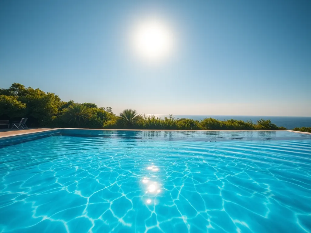 A scenic view of a shimmering fiberglass pool, illustrating the feasibility of draining and using saltwater in fiberglass pools.