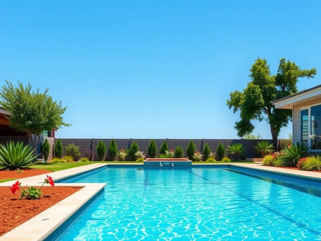 A beautiful fiberglass pool surrounded by landscaping, relevant to draining and saltwater use.