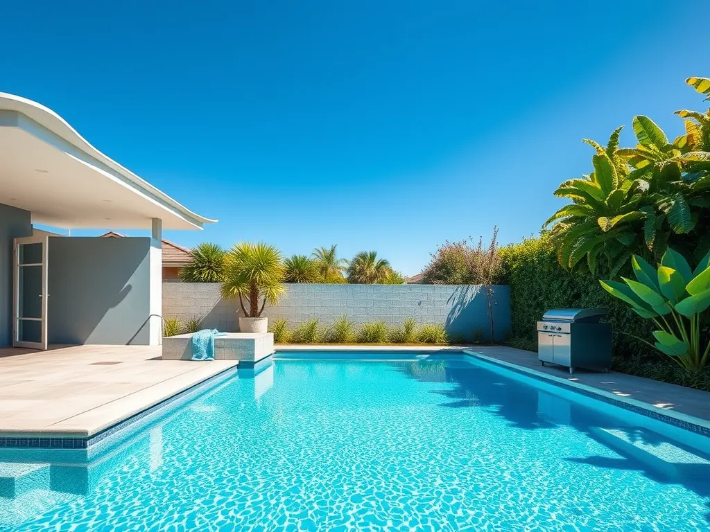 Beautiful swimming pool in a sunny backyard, related to filling a pool with water.