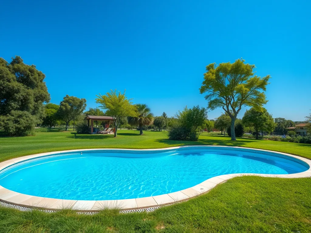 A blue swimming pool in a lush green garden, illustrating the possibility of asking the fire department to fill your pool.