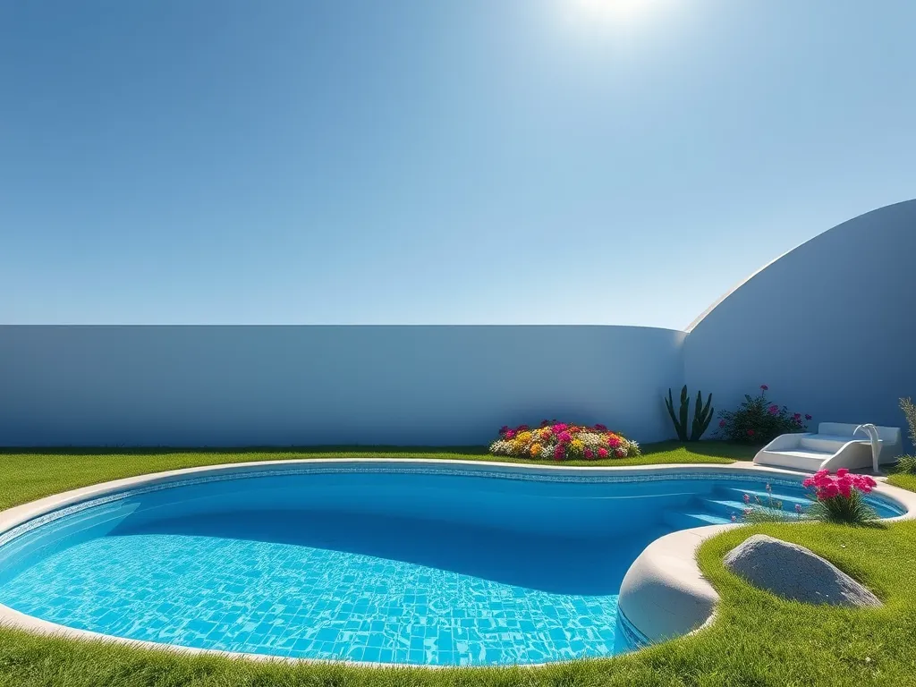 A beautiful swimming pool surrounded by green grass and flowers, relevant to asking if the fire department can fill your pool.