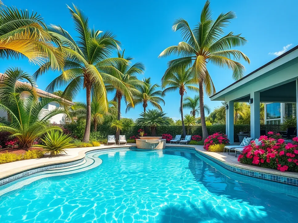 Luxurious pool surrounded by palm trees and vibrant flowers in a Florida backyard, illustrating the value a pool can add to a home.