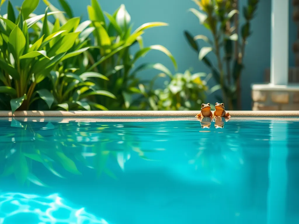 Two frogs by the edge of a swimming pool surrounded by greenery, discussing if it's safe to swim in a pool with frogs.