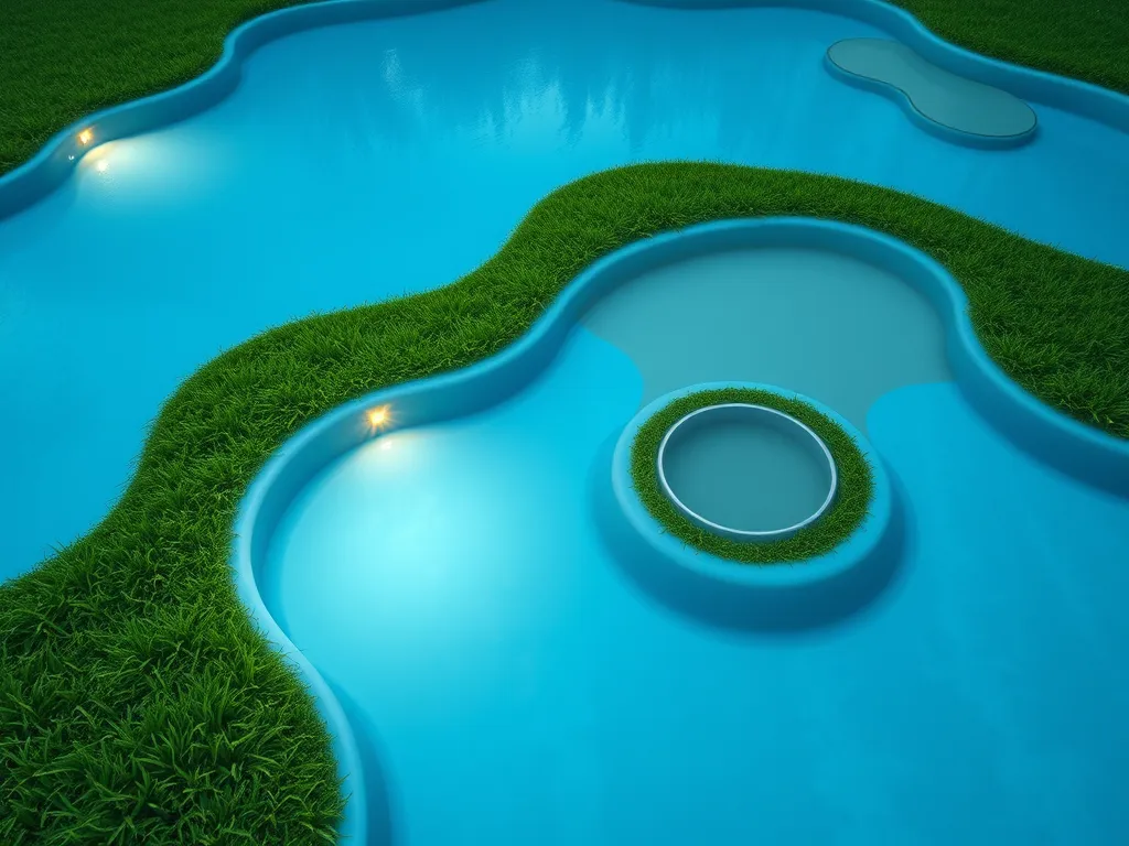 A serene swimming pool surrounded by grass, highlighting considerations for swimming with frogs.