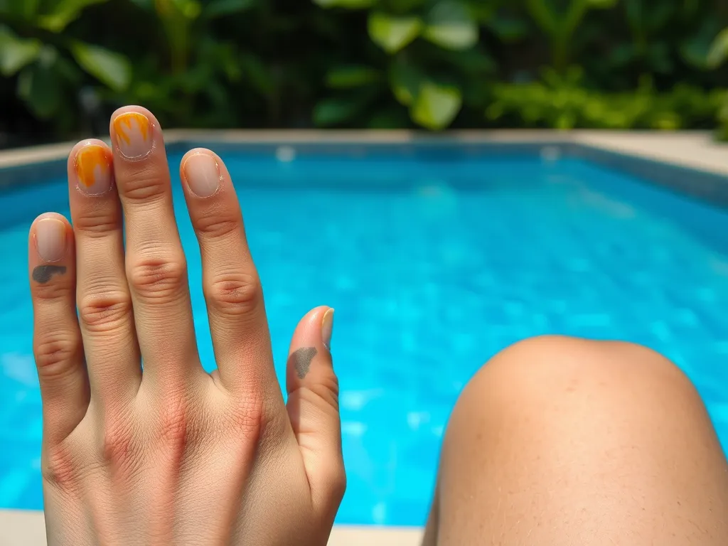 Close-up of a hand with nail discoloration near a swimming pool, illustrating signs of a fungal infection.