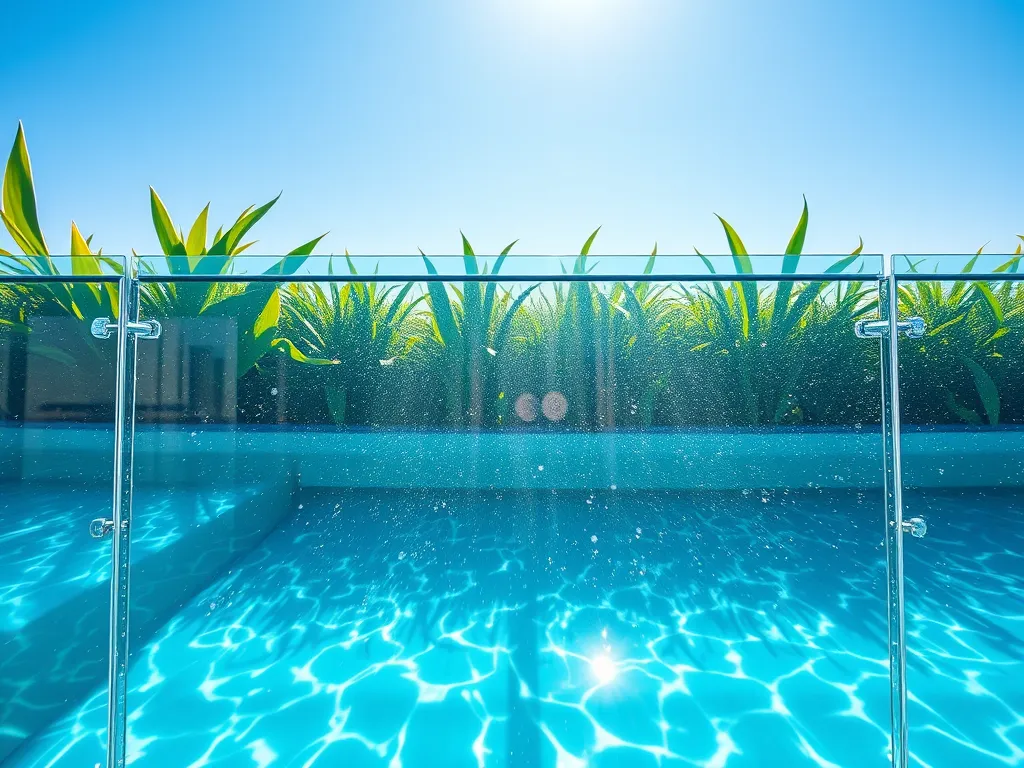 Beautiful glass pool fencing around a clear blue pool, illustrating DIY installation options.