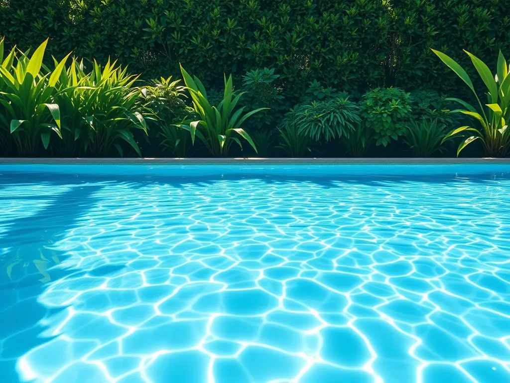 Vibrant blue pool water reflecting sunlight, discussing the use of granular chlorine for pool shock.