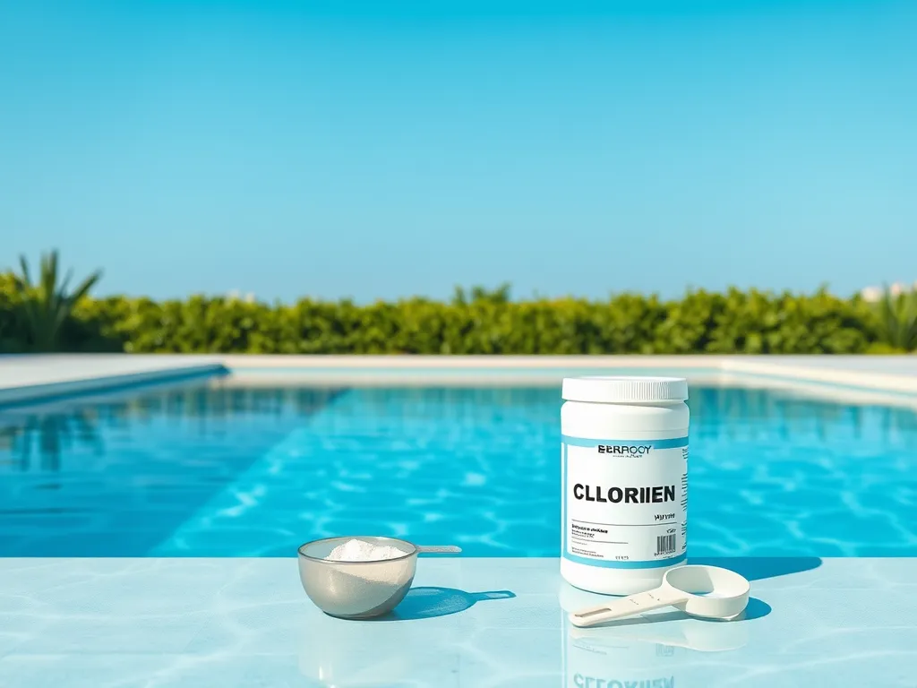 Container of granular chlorine beside measuring cups, used for shocking a pool.