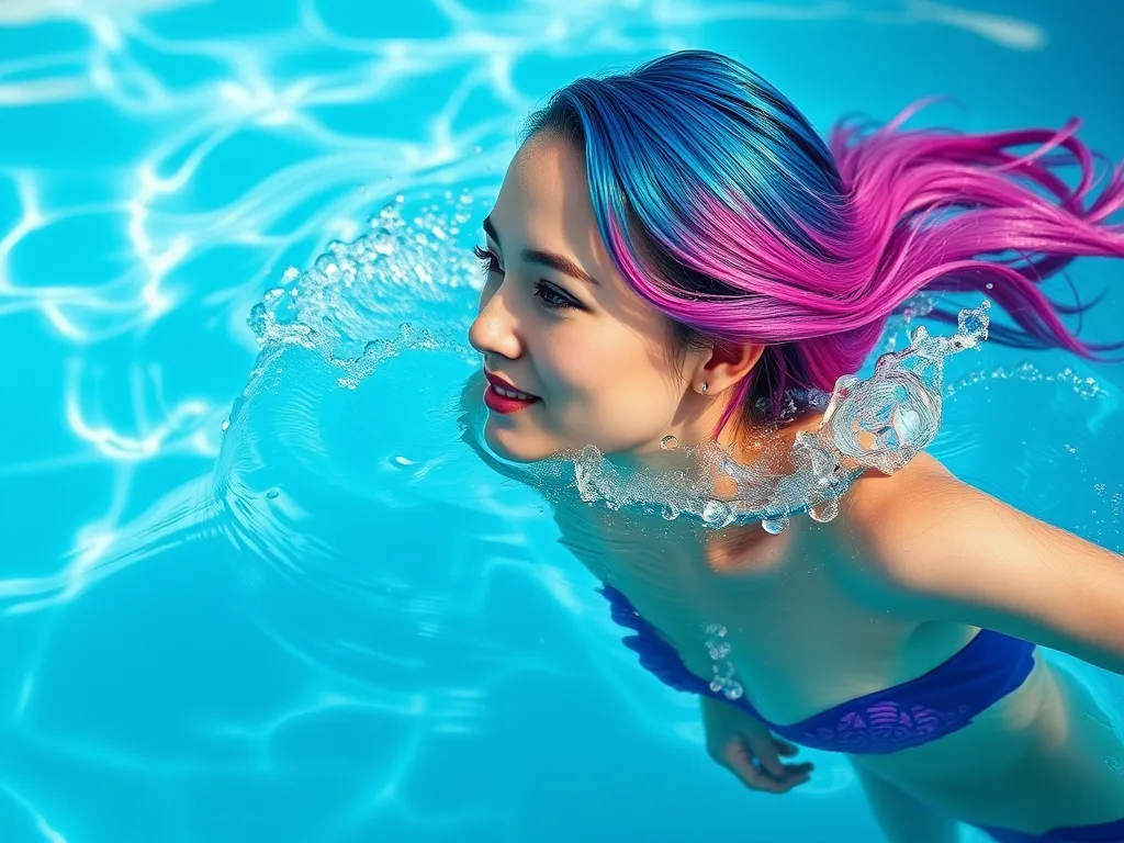 Person with vibrant blue and pink hair swimming in a pool, exploring if hair dye comes out in water.