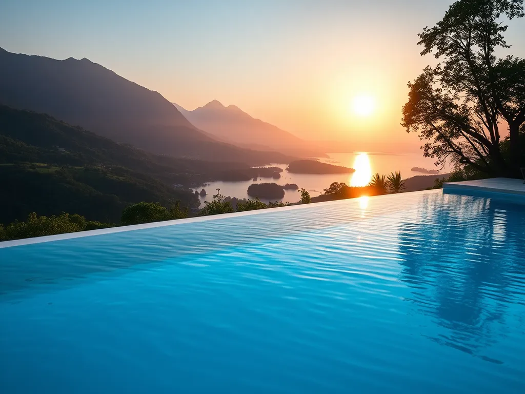 Infinity pool at sunset with mountains and water view, representing Harrah's New Orleans pool amenities.
