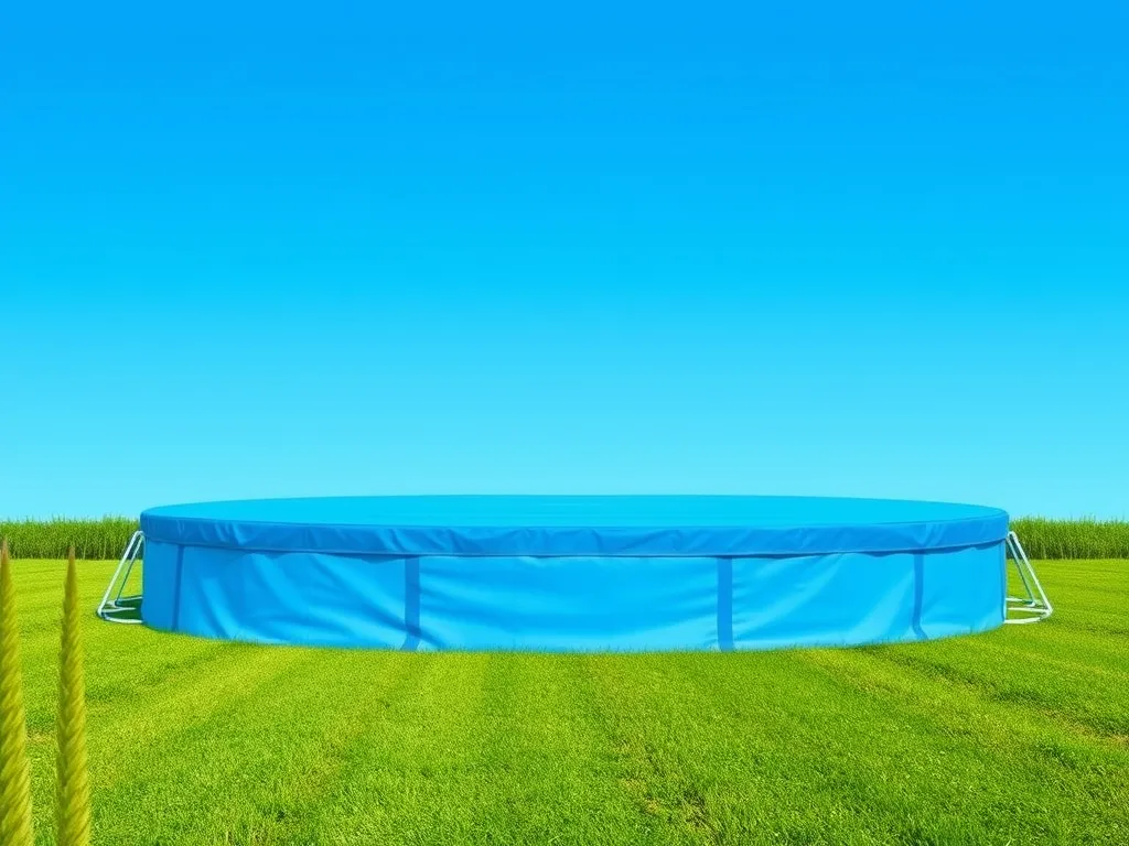 A round high diving pool set in a grassy field, highlighting unique filtration requirements.