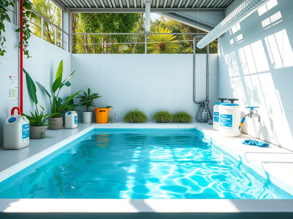 A bright and clean swimming pool surrounded by plants, depicting high hardness water conditions.