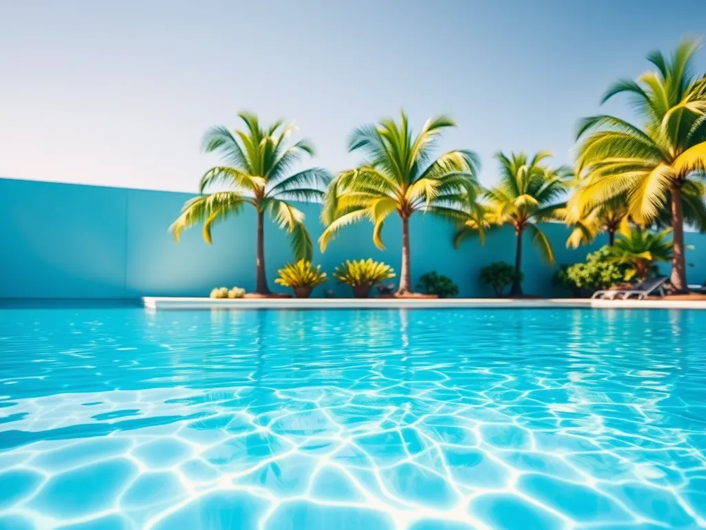 A beautiful swimming pool with clear water and palm trees, discussing the effects of high hardness levels on swimming.