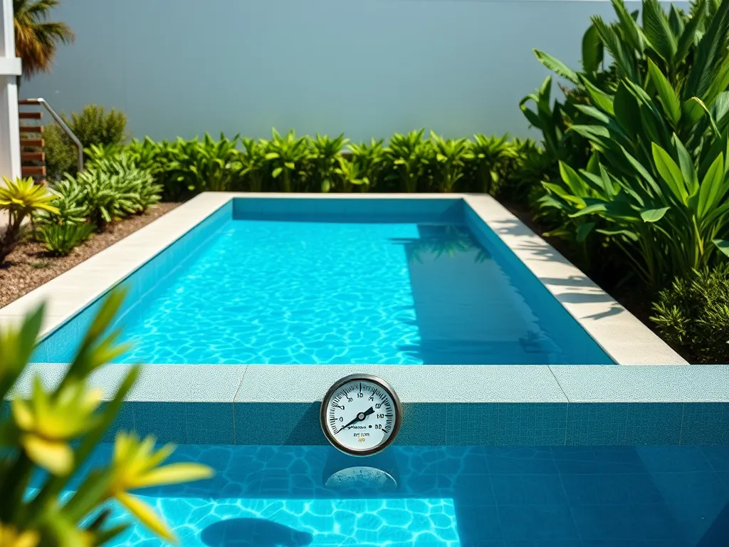 Swimmable pool with high hardness levels, showing water clarity and pool thermometer