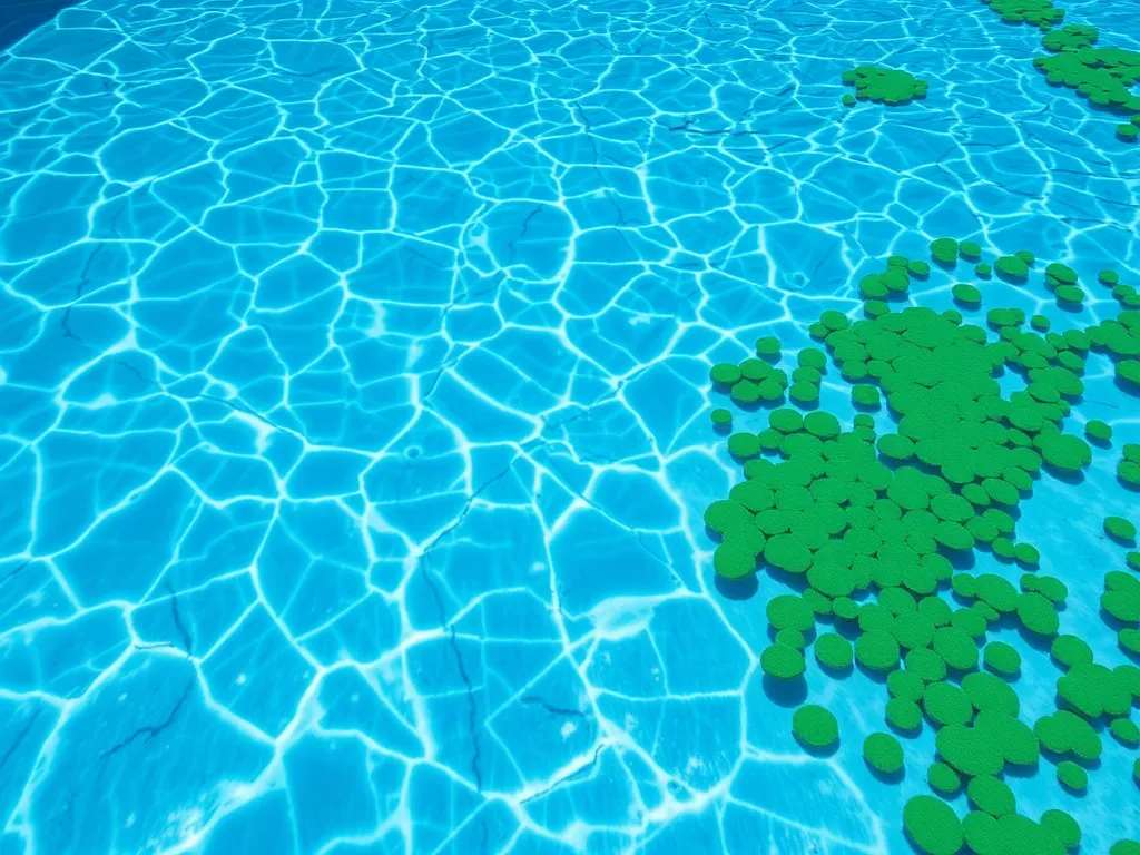 A clear swimming pool with green algae patches, illustrating the effects of high and low pH levels on pool water clarity.