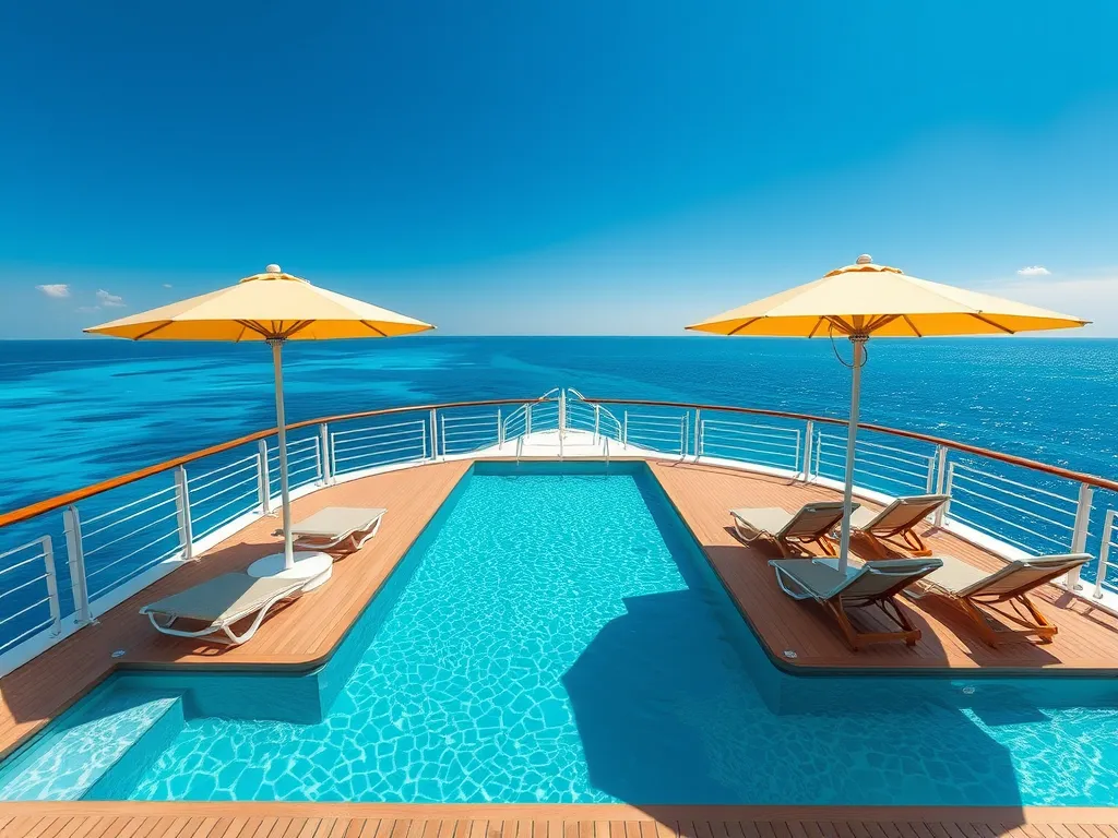Swimming pool on Holland America Eurodam cruise ship with lounge chairs and umbrellas