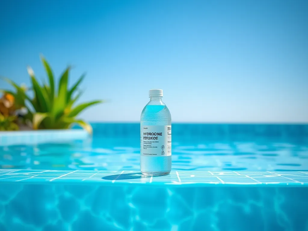 Bottle of hydrogen peroxide for pool treatment floating by a swimming pool