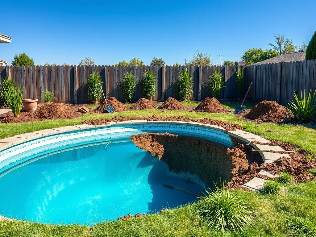 A backyard showing the process of digging an inground pool with soil piles around