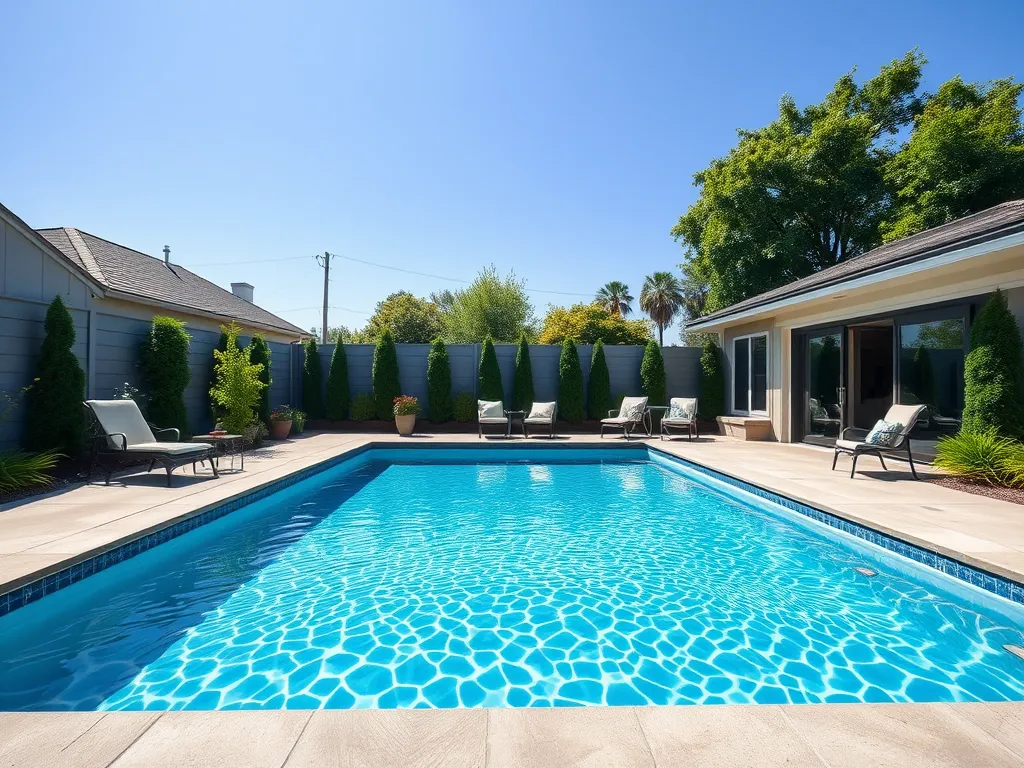 DIY inground pool with lush landscaping and lounging chairs