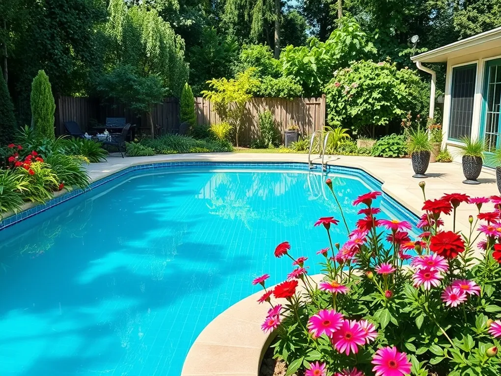 A beautifully remodeled inground pool surrounded by vibrant flowers and lush greenery.