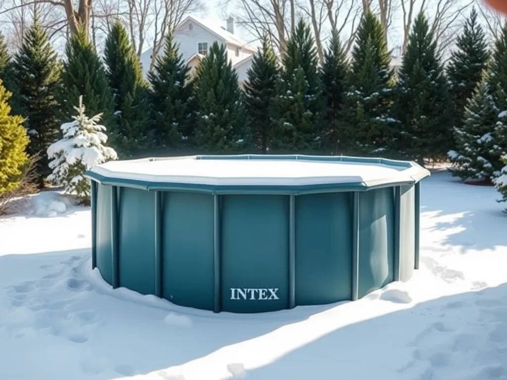Intex pool covered in snow during winter, discussing winter pool maintenance.