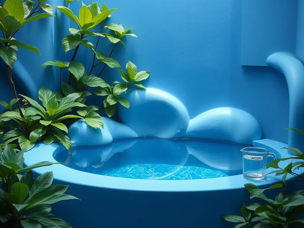 A serene blue pool surrounded by greenery, illustrating the context of using Klean Strip muriatic acid in swimming pools.