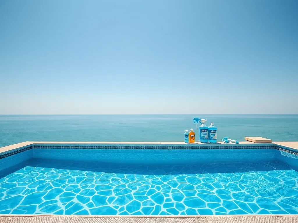 Swimming pool with cleaning supplies including Klean Strip Muriatic Acid