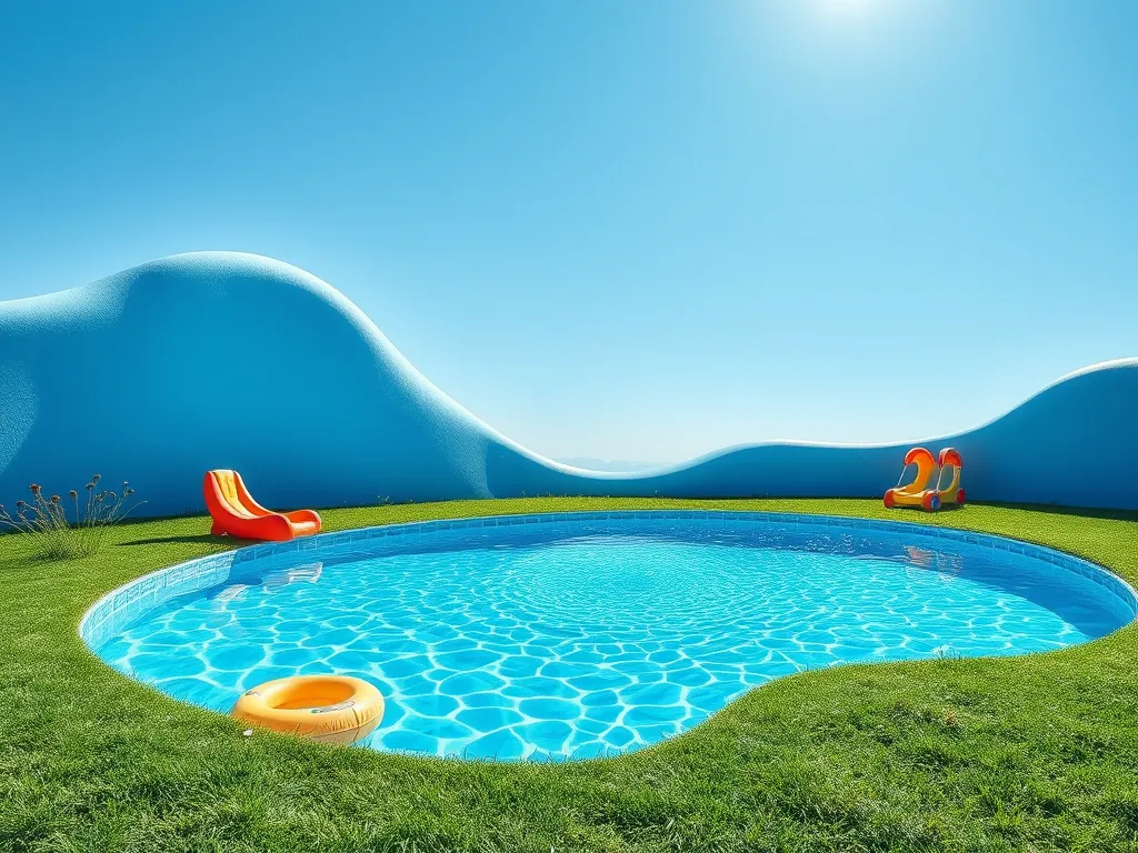 Swimming pool with colorful floats and slides, discussing the risk of catching lice from pools.