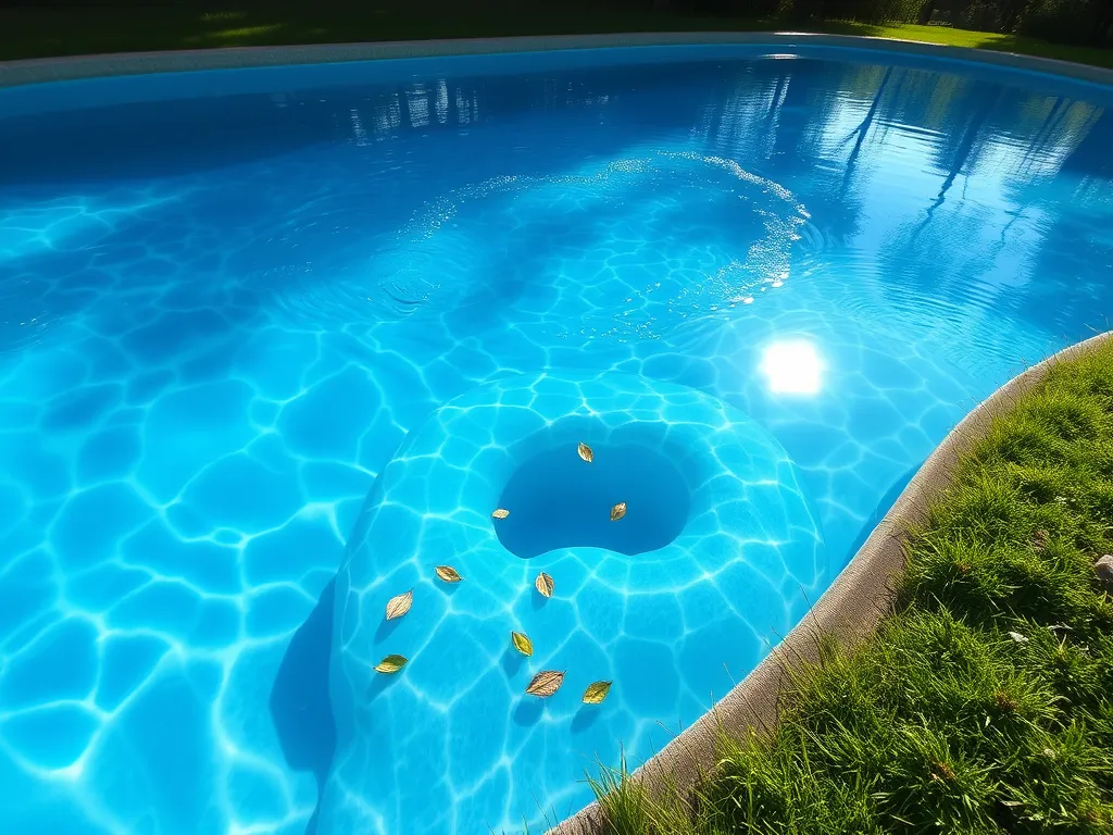 Clear swimming pool with leaves, discussing lice transmission in water.