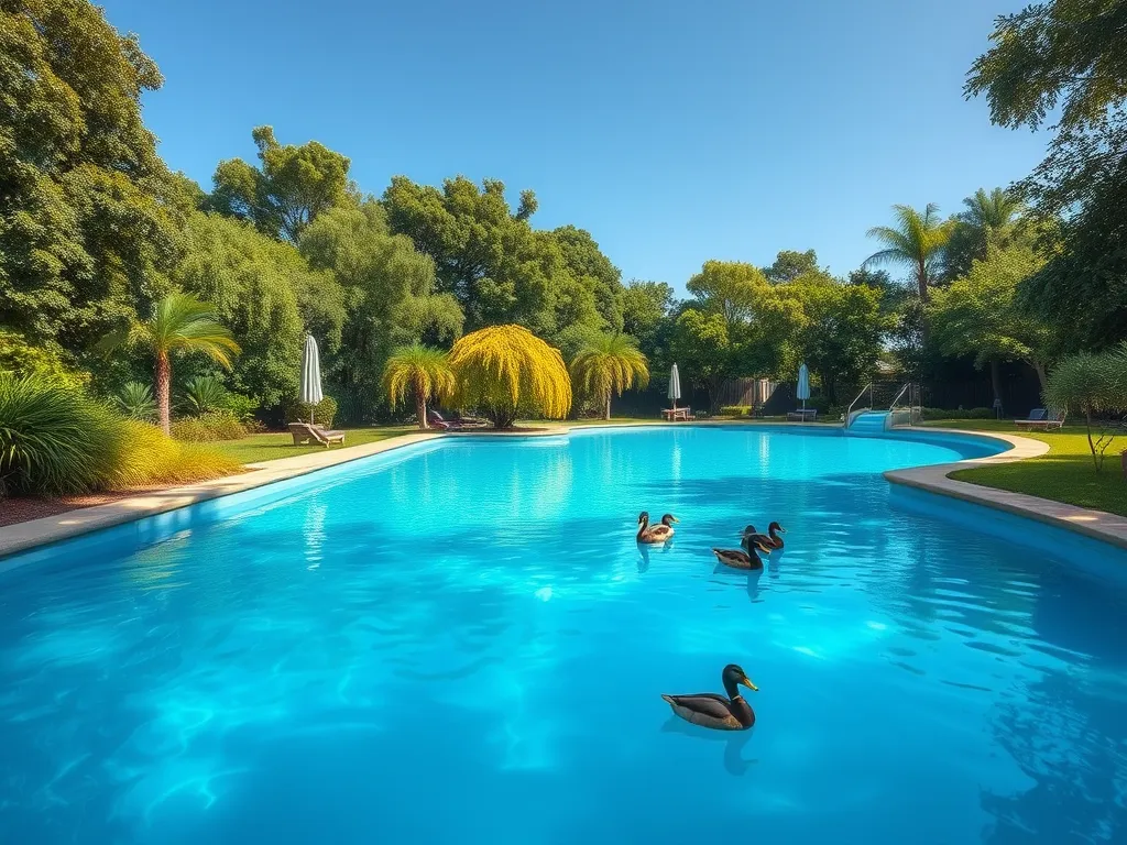 Beautiful saltwater pool with ducks, illustrating the effects of adding liquid chlorine