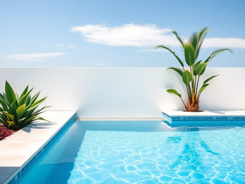 A clear blue saltwater pool with tropical plants, illustrating the concept of adding chlorine to a salt pool.