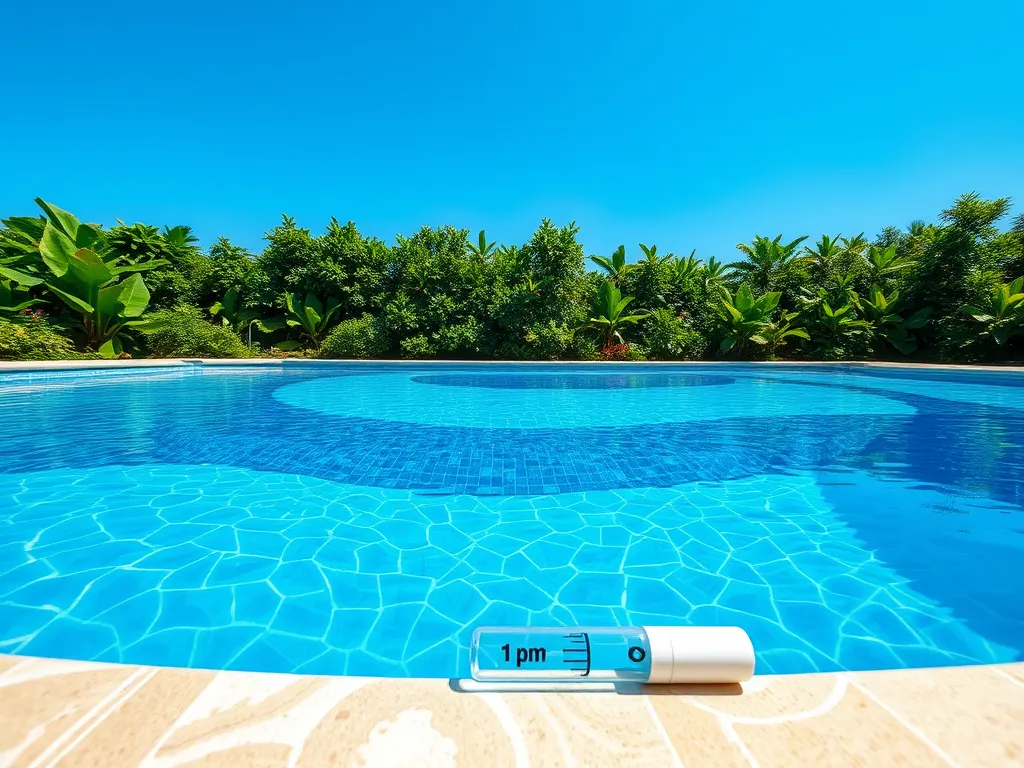 A clear blue swimming pool with a chlorine level meter showing 1 ppm, illustrating conditions for safe swimming in low chlorine.