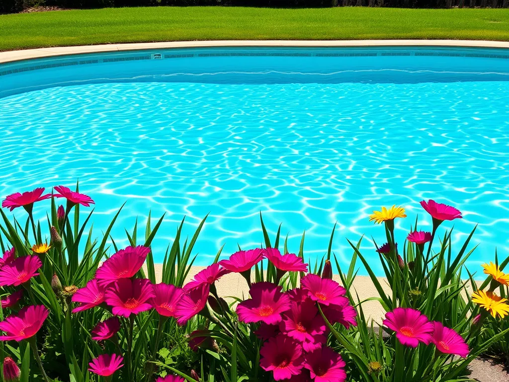 Clear blue pool with vibrant flowers, highlighting swimming options in a low stabilizer pool
