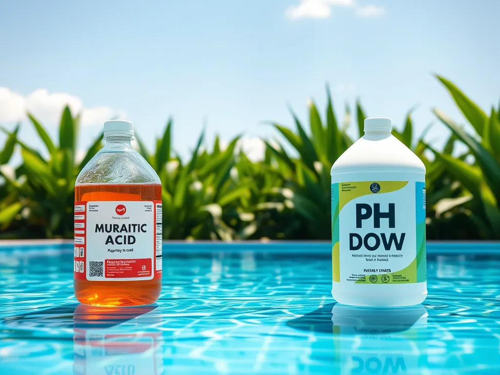Muriatic acid and pH down chemicals next to a swimming pool, illustrating their role in lowering pH levels.
