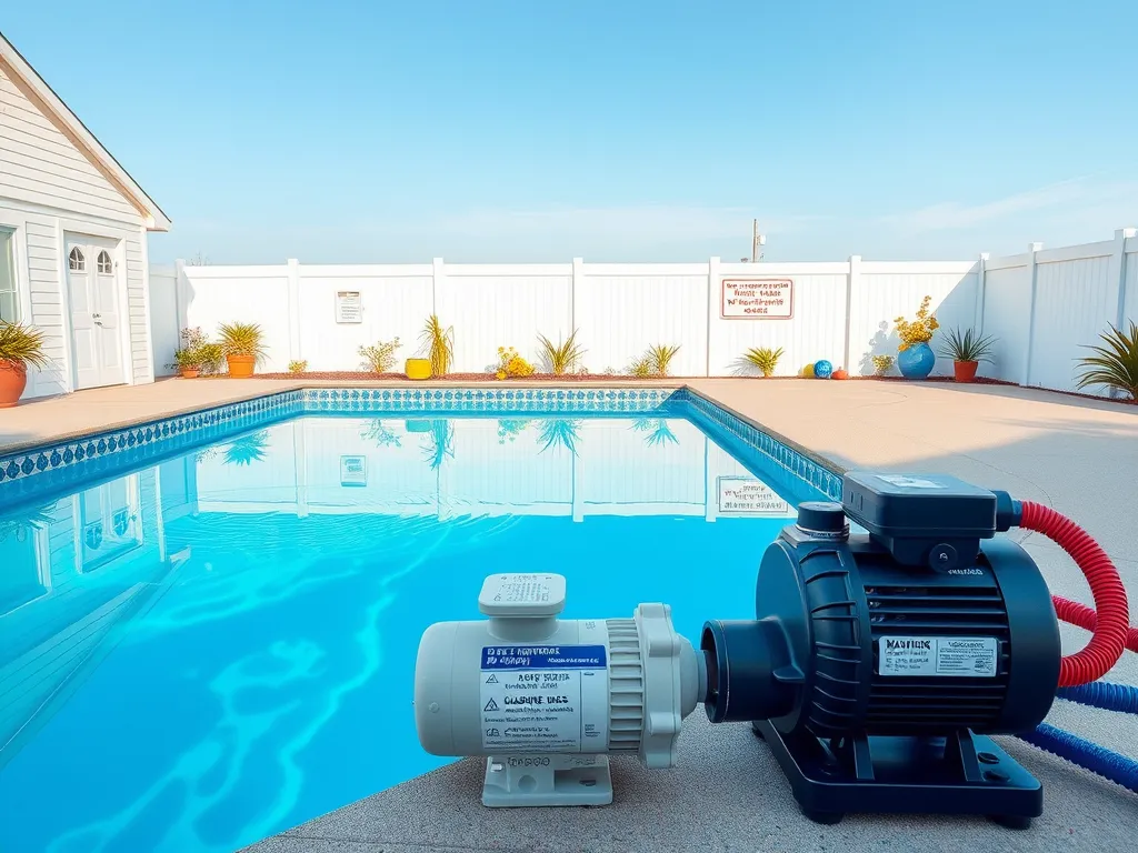 Pool with clear water and pump demonstrating how muriatic acid lowers pH levels in pools